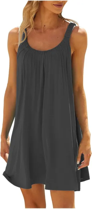 SMIDOW Sun Dresses for Women 2023 Beach Casual Summer Sleeveless Tshirt Dress Solid Swing Bikini Beachwear Cover Up