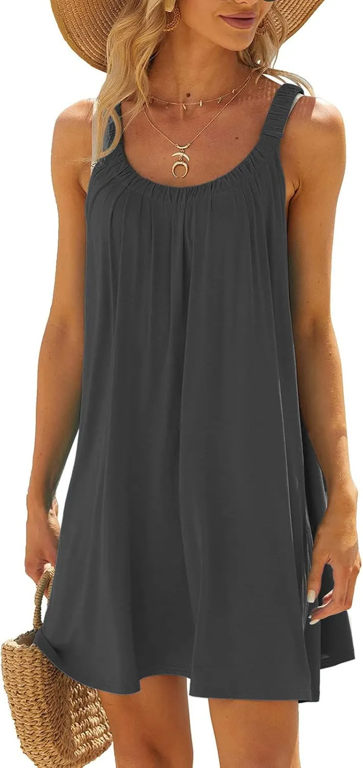 SMIDOW Sun Dresses for Women 2023 Beach Casual Summer Sleeveless Tshirt Dress Solid Swing Bikini Beachwear Cover Up