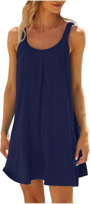 SMIDOW Sun Dresses for Women 2023 Beach Casual Summer Sleeveless Tshirt Dress Solid Swing Bikini Beachwear Cover Up