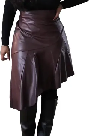 SOMTHRON Women's PU Faux Leather Skirt High Waisted Irregular Ruffle Pleated High Low Midi Skirt
