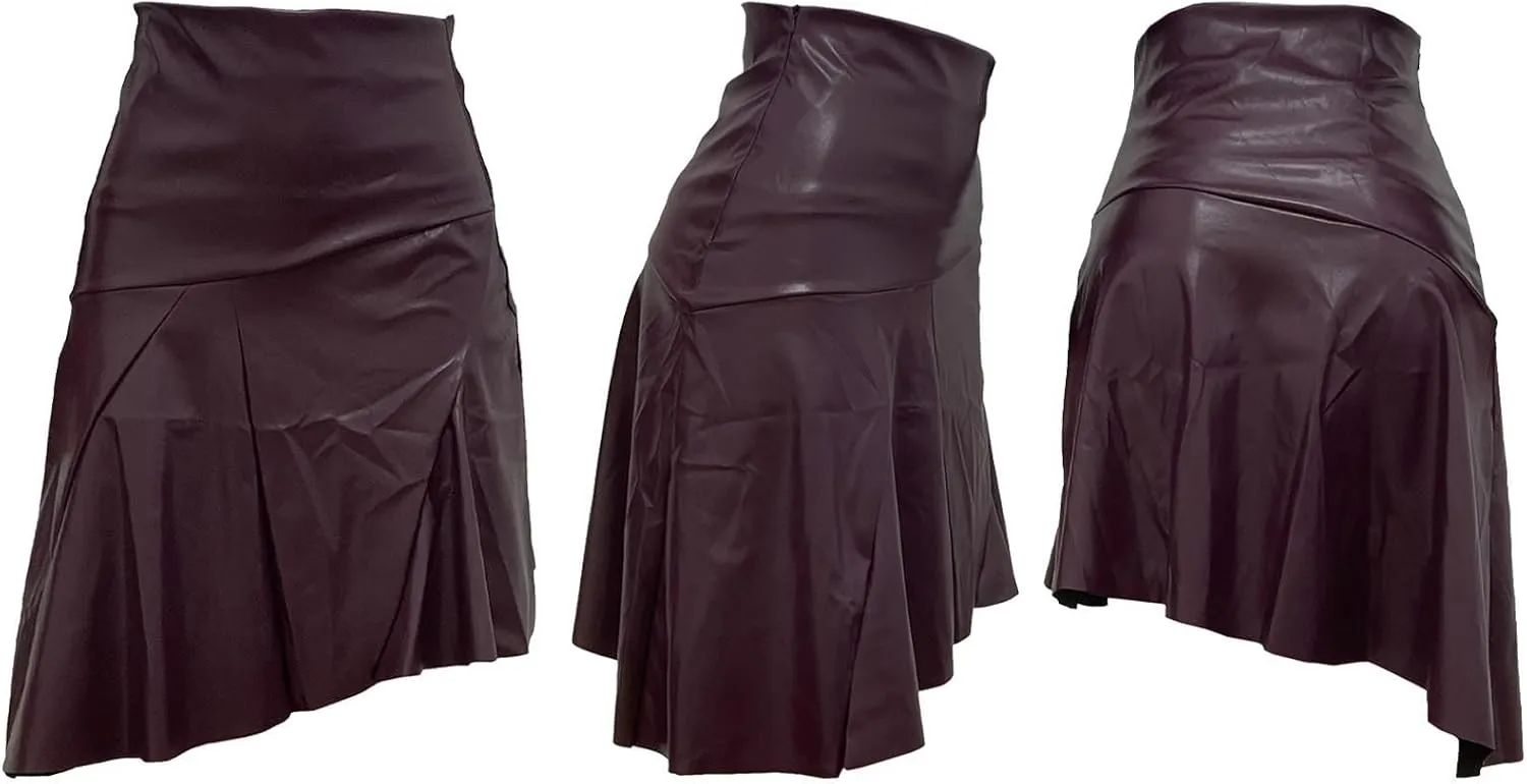 SOMTHRON Women's PU Faux Leather Skirt High Waisted Irregular Ruffle Pleated High Low Midi Skirt