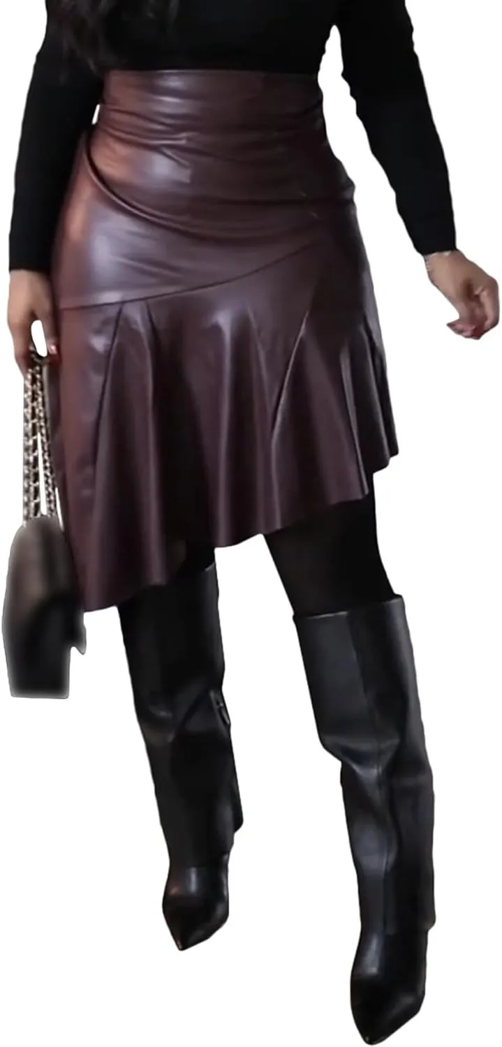 SOMTHRON Women's PU Faux Leather Skirt High Waisted Irregular Ruffle Pleated High Low Midi Skirt