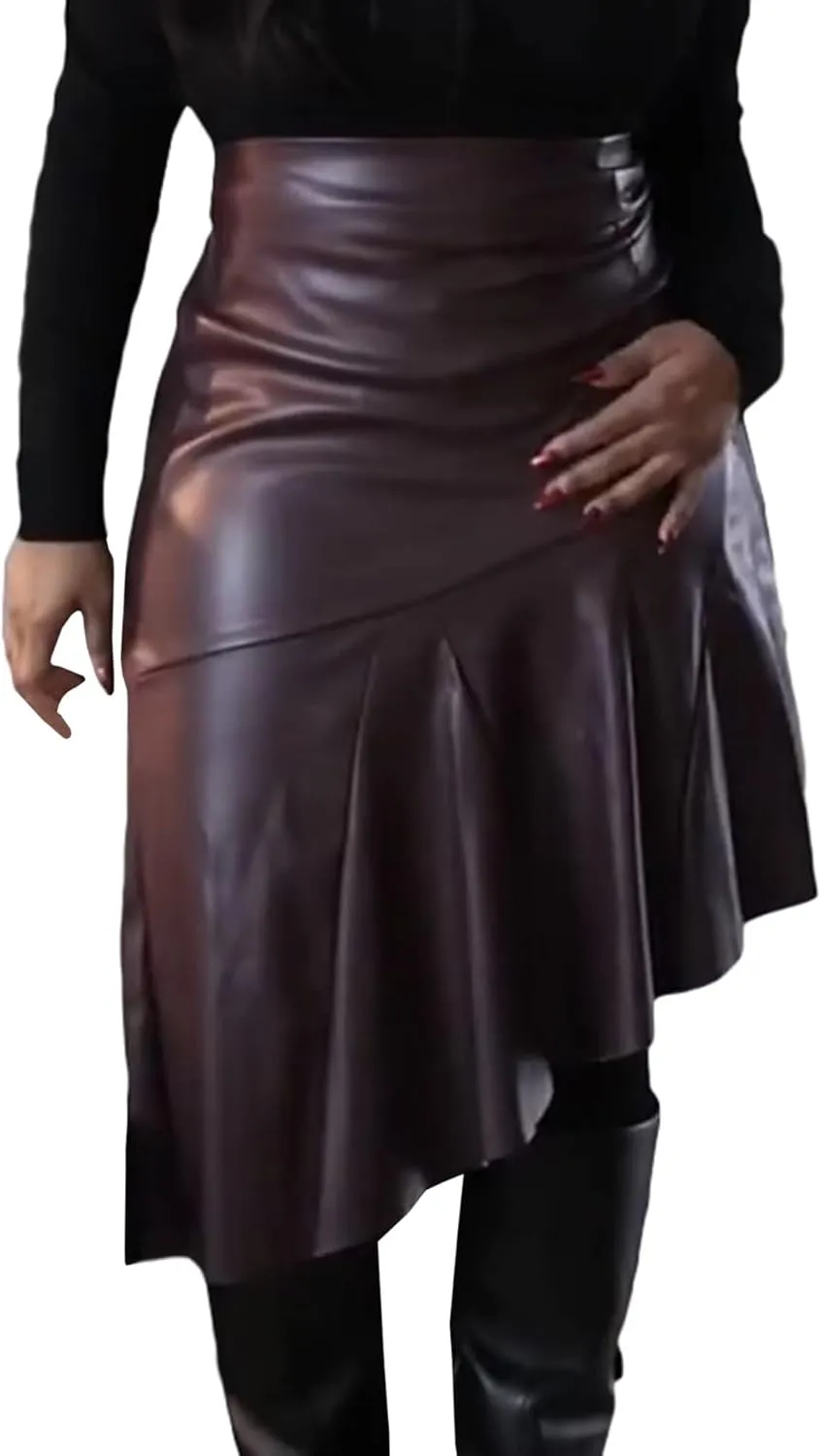 SOMTHRON Women's PU Faux Leather Skirt High Waisted Irregular Ruffle Pleated High Low Midi Skirt