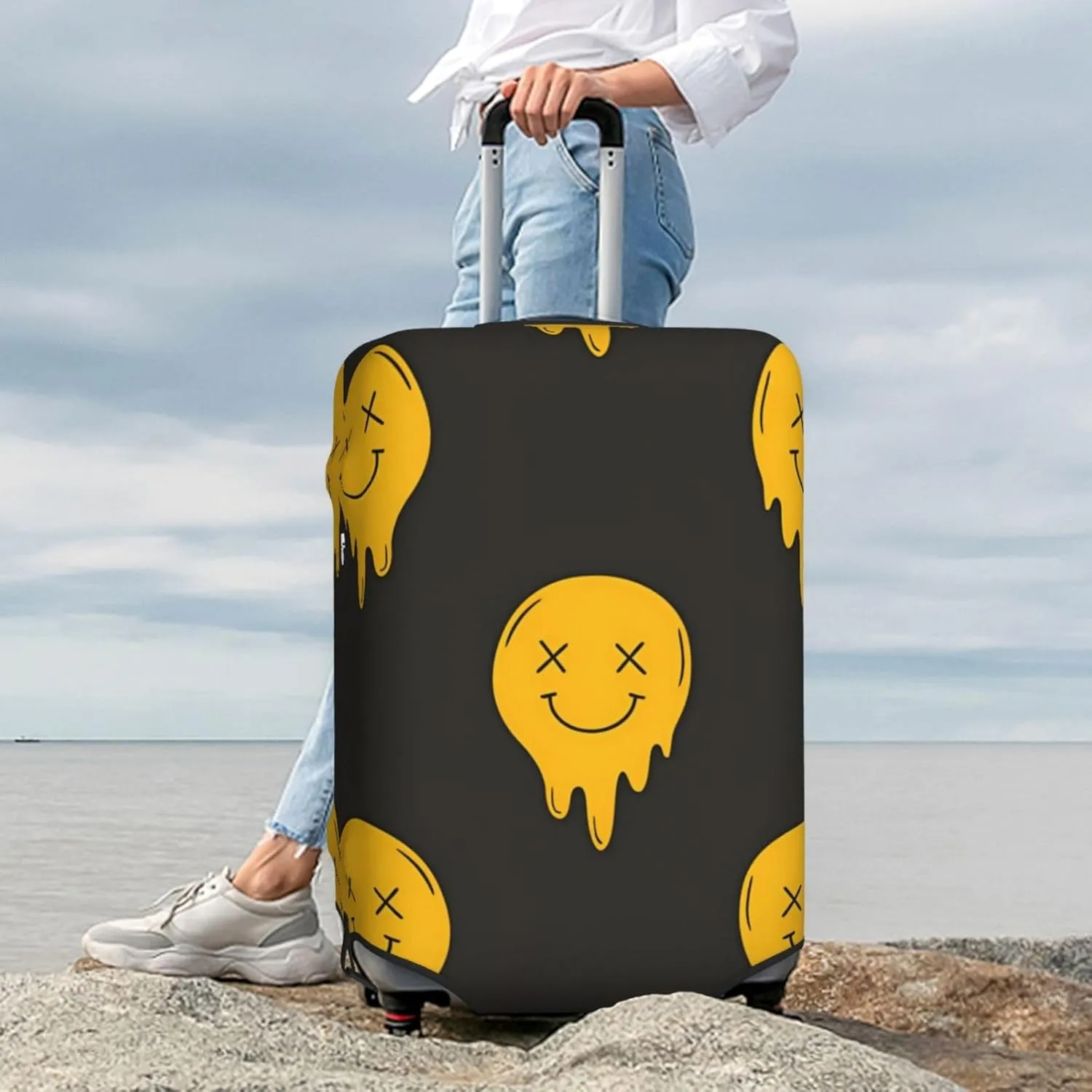 Spandex Travel Luggage Cover Suitcase Protector Bag,Melting Face Funky Doodle Retro Dust-Proof Fits 18-32 Inch Luggage, Baggage Covers For Kid And Adult,X-Large