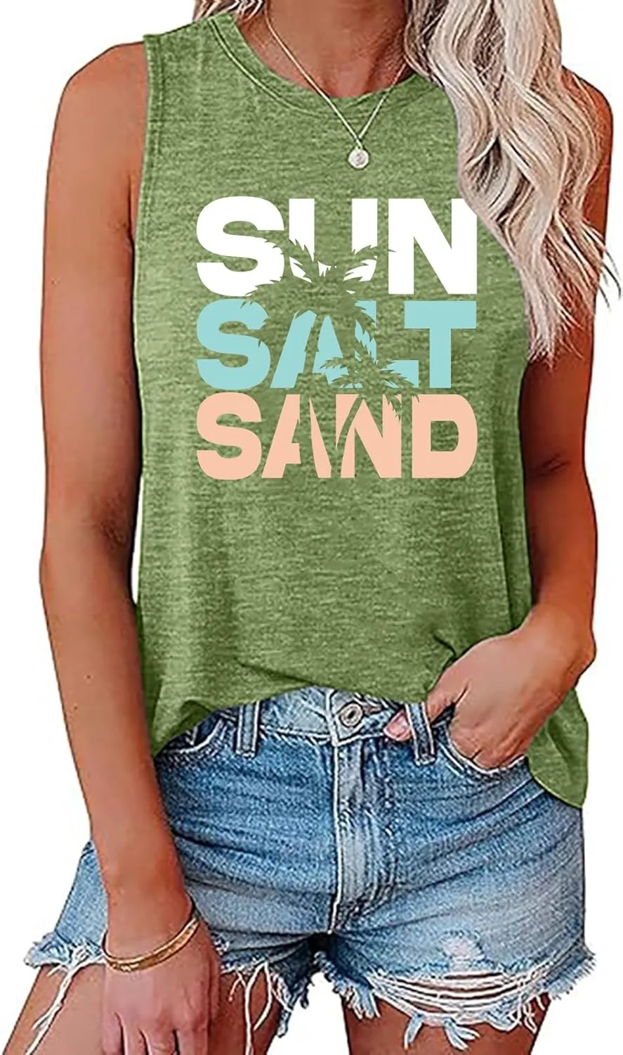 Sun Salt Sand Beach Tank Top for Women Funny Vacation Loose Fit Summer Graphic Vest