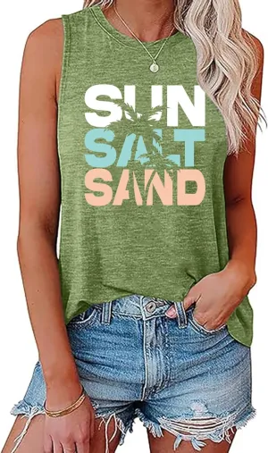 Sun Salt Sand Beach Tank Top for Women Funny Vacation Loose Fit Summer Graphic Vest