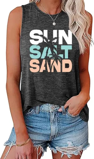 Sun Salt Sand Beach Tank Top for Women Funny Vacation Loose Fit Summer Graphic Vest