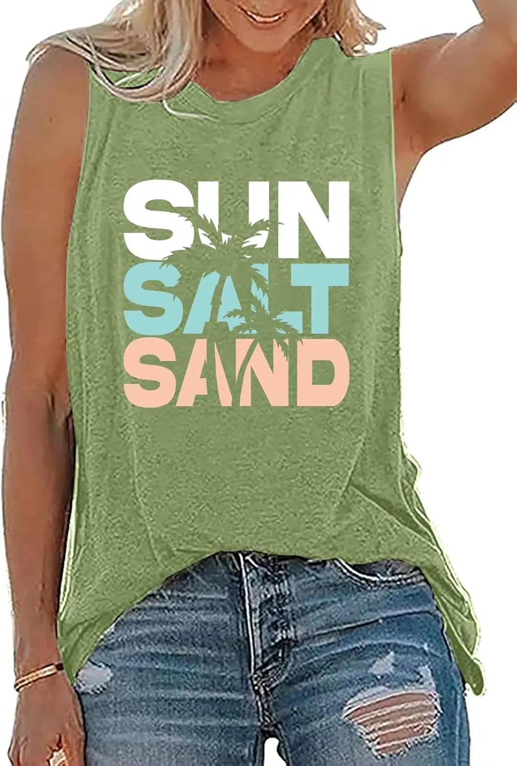 Sun Salt Sand Beach Tank Top for Women Funny Vacation Loose Fit Summer Graphic Vest