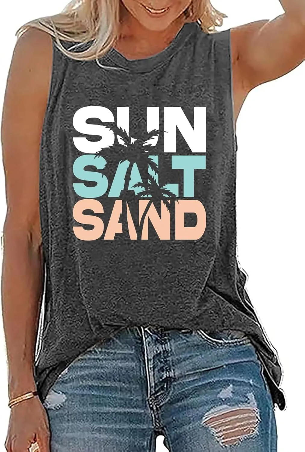 Sun Salt Sand Beach Tank Top for Women Funny Vacation Loose Fit Summer Graphic Vest