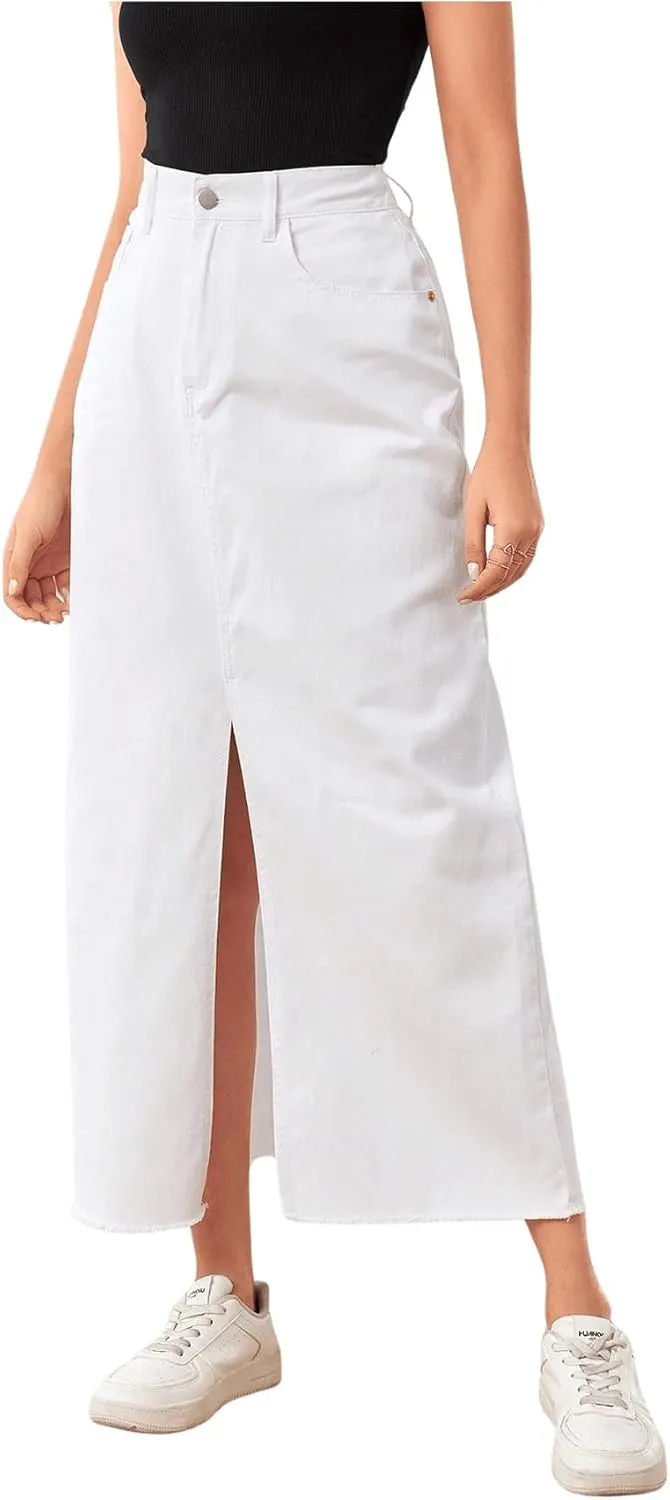 SweatyRocks Women's High Waist Split Thigh Raw Hem Denim Skirt Long Jean Skirt with Pocket