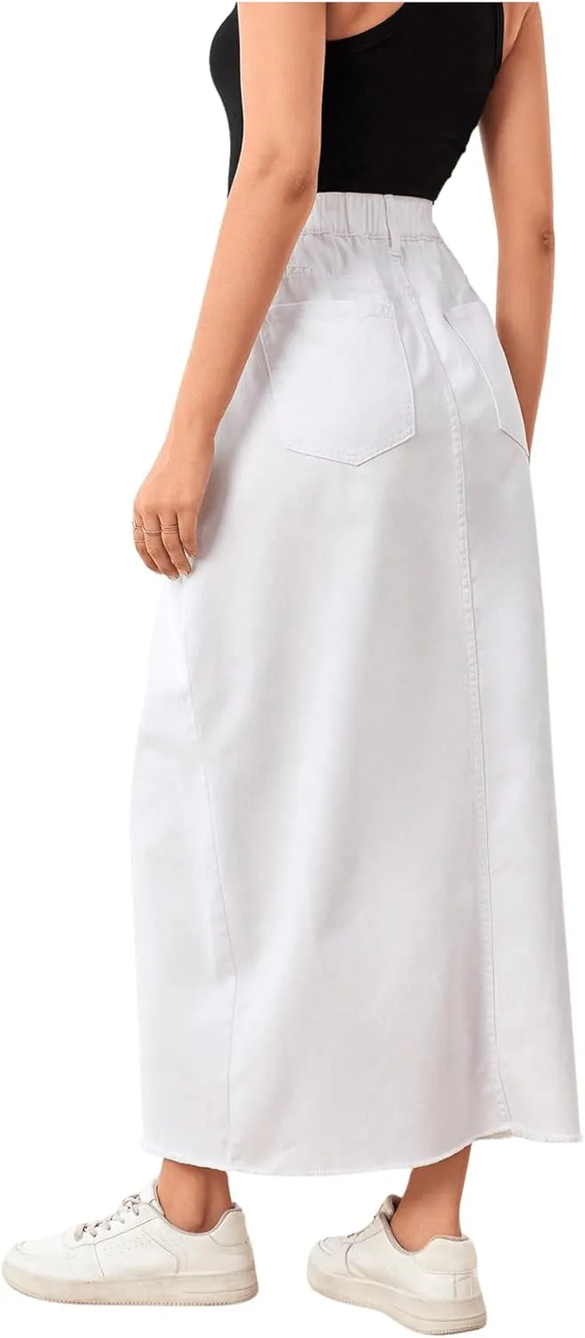 SweatyRocks Women's High Waist Split Thigh Raw Hem Denim Skirt Long Jean Skirt with Pocket