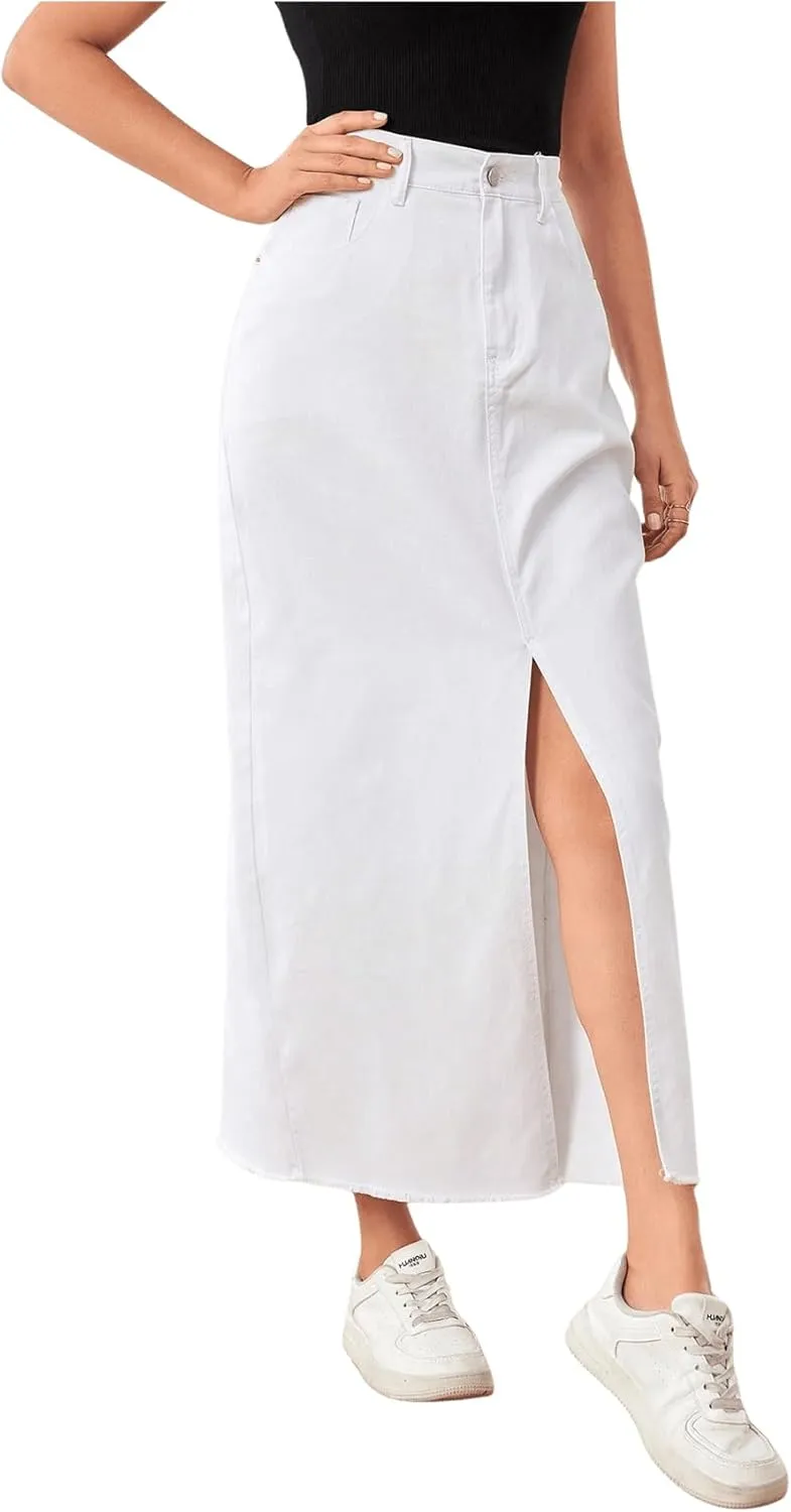 SweatyRocks Women's High Waist Split Thigh Raw Hem Denim Skirt Long Jean Skirt with Pocket