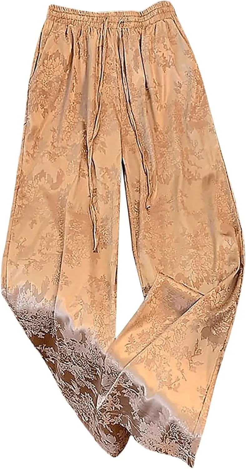 SweatyRocks Women's Jacquard Drawstring High Waist Wide Leg Pants Casual Straight Leg Long Pants