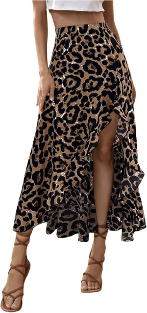 SweatyRocks Women's Ruffle Midi Skirt Leopard Print Slit Split High Waisted Flowy Long Skirts