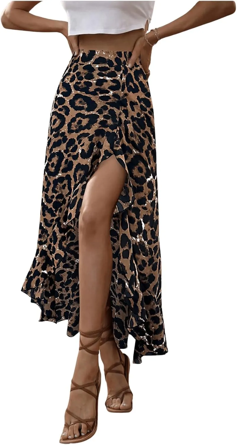 SweatyRocks Women's Ruffle Midi Skirt Leopard Print Slit Split High Waisted Flowy Long Skirts