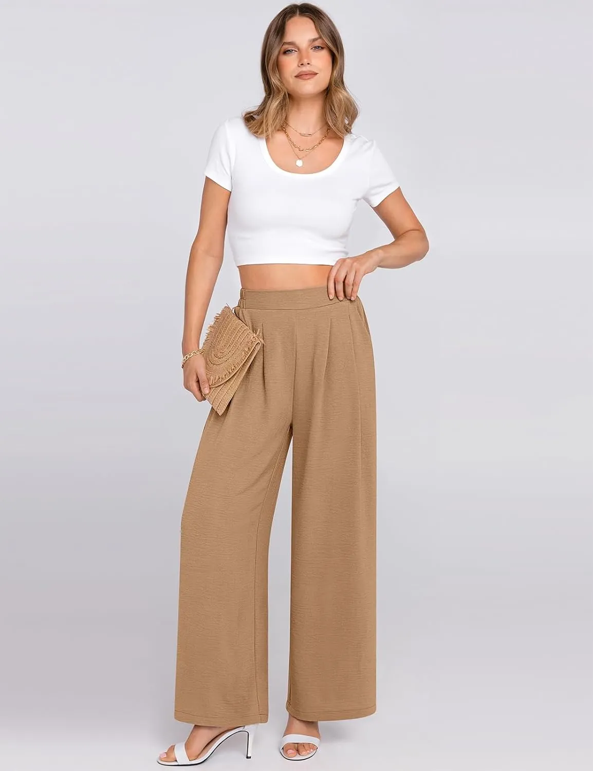 TARSE Women's Wide Leg Dress Pants Work Business Casual High Elastic Waisted Flowy Trousers Palazzo Pants with Pockets