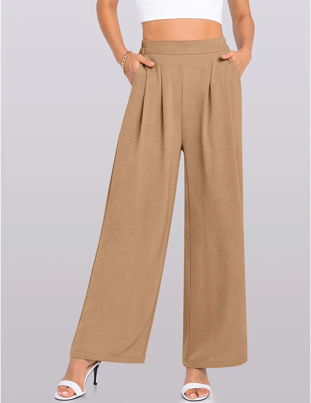 TARSE Women's Wide Leg Dress Pants Work Business Casual High Elastic Waisted Flowy Trousers Palazzo Pants with Pockets