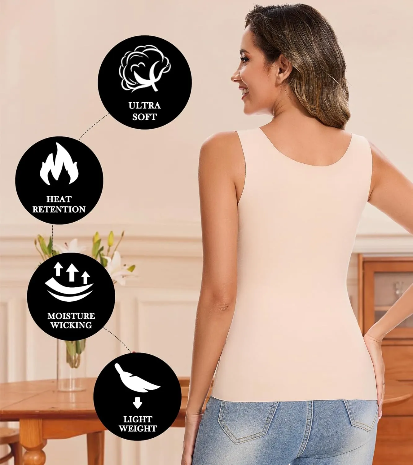 Thermal Tank Top Women Fleece Lined Undershirt V Neck Lace Camisole Tops Warm Base Layer Underwear Cami Vest