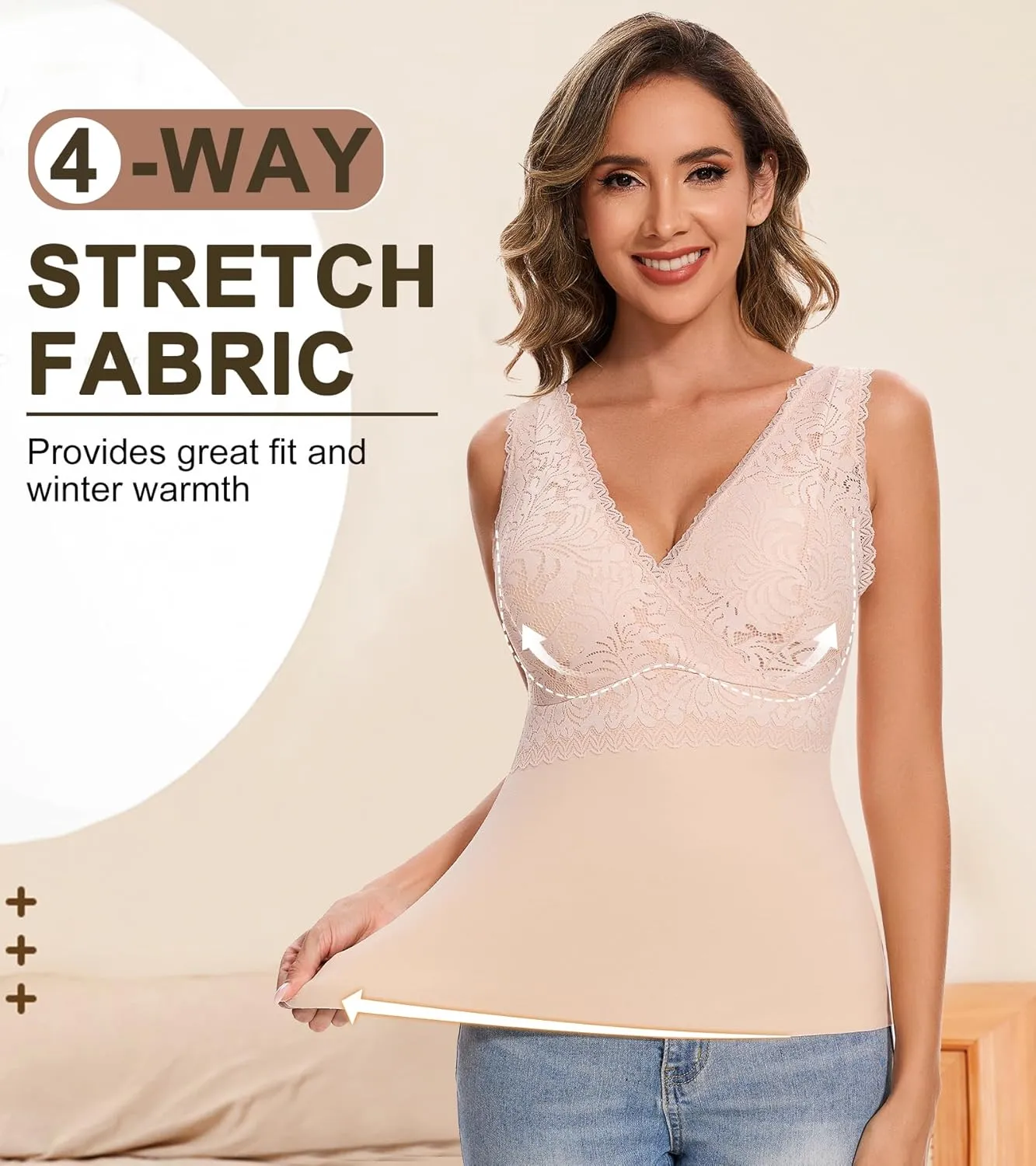 Thermal Tank Top Women Fleece Lined Undershirt V Neck Lace Camisole Tops Warm Base Layer Underwear Cami Vest
