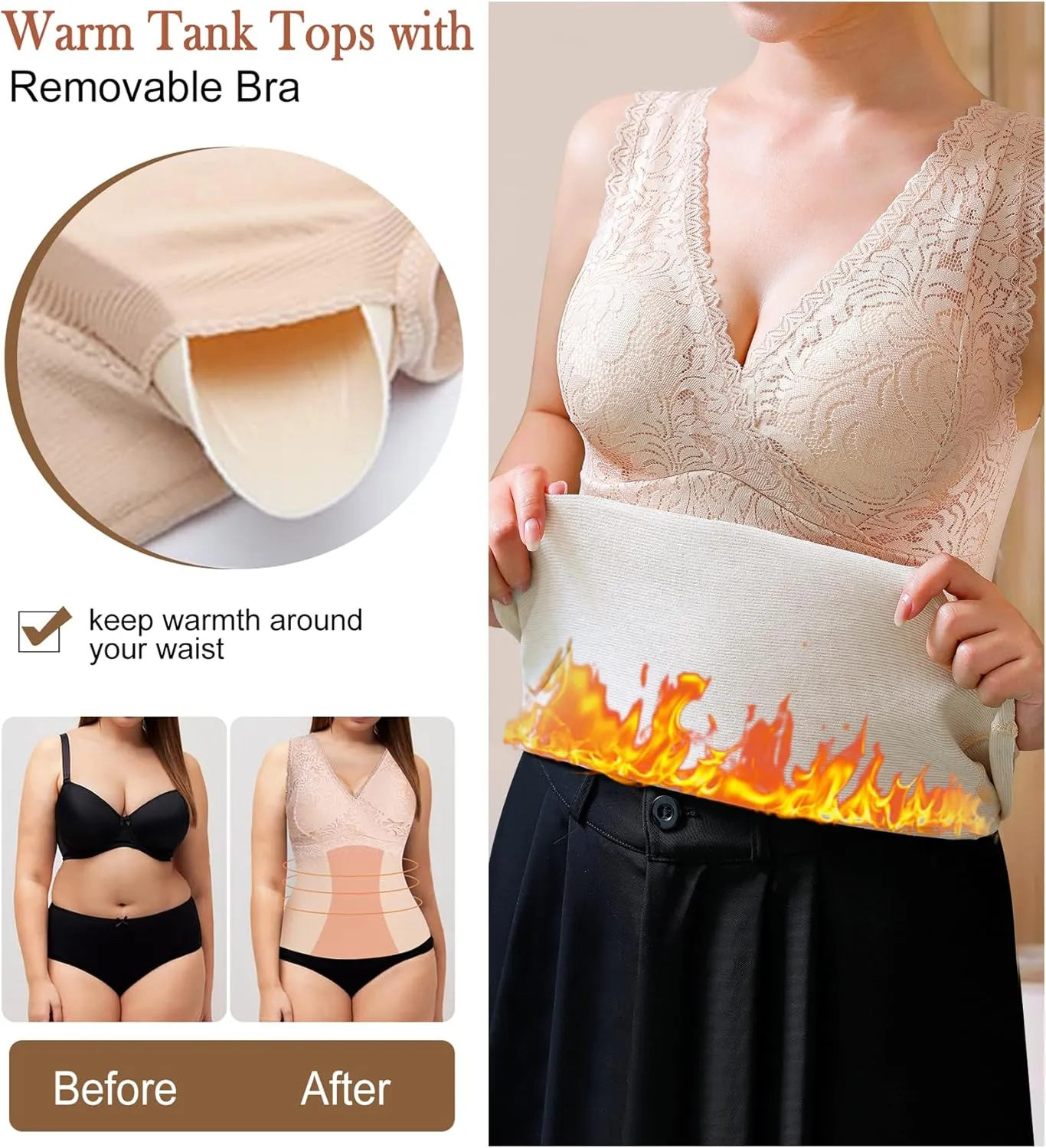Thermal Tank Top Women Fleece Lined Undershirt V Neck Lace Camisole Tops Warm Base Layer Underwear Cami Vest