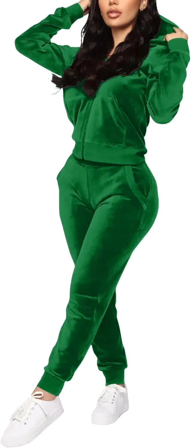 TOPONSKY Velour Tracksuit Women 2 Piece Velvet Zip Hoodie Sweatsuit Pockets