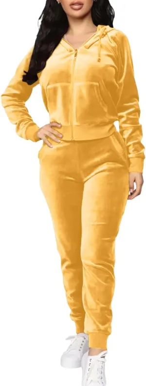 TOPONSKY Velour Tracksuit Women 2 Piece Velvet Zip Hoodie Sweatsuit Pockets