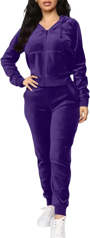 TOPONSKY Velour Tracksuit Women 2 Piece Velvet Zip Hoodie Sweatsuit Pockets