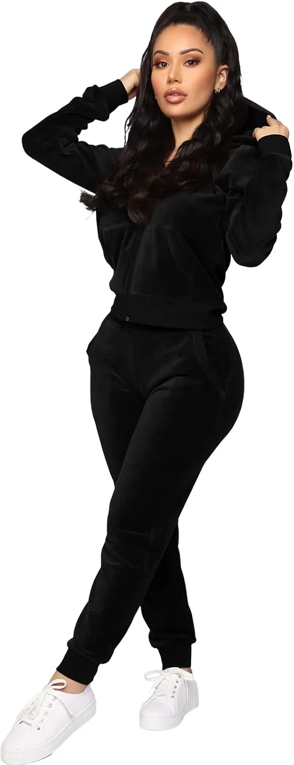 TOPONSKY Velour Tracksuit Women 2 Piece Velvet Zip Hoodie Sweatsuit Pockets