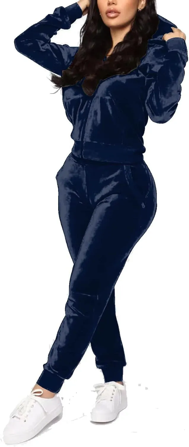 TOPONSKY Velour Tracksuit Women 2 Piece Velvet Zip Hoodie Sweatsuit Pockets