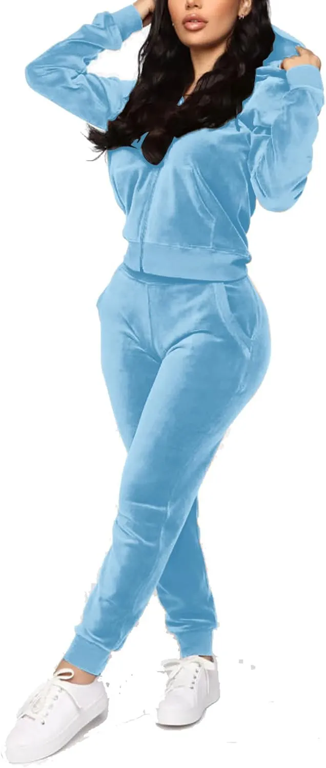 TOPONSKY Velour Tracksuit Women 2 Piece Velvet Zip Hoodie Sweatsuit Pockets