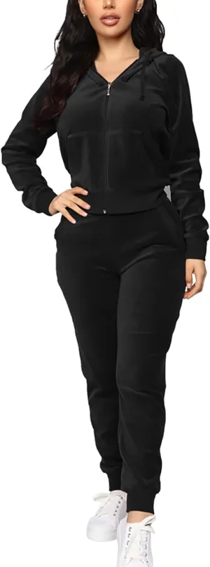 TOPONSKY Velour Tracksuit Women 2 Piece Velvet Zip Hoodie Sweatsuit Pockets