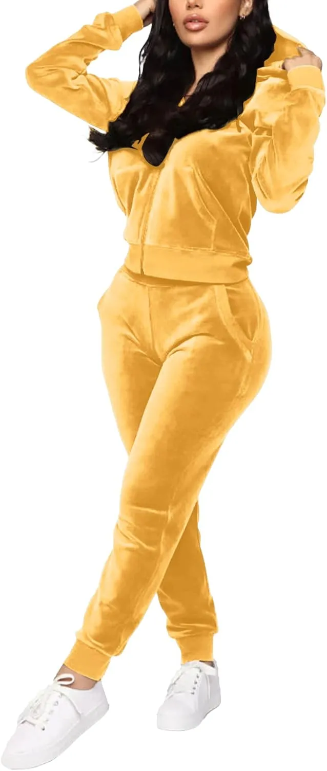 TOPONSKY Velour Tracksuit Women 2 Piece Velvet Zip Hoodie Sweatsuit Pockets