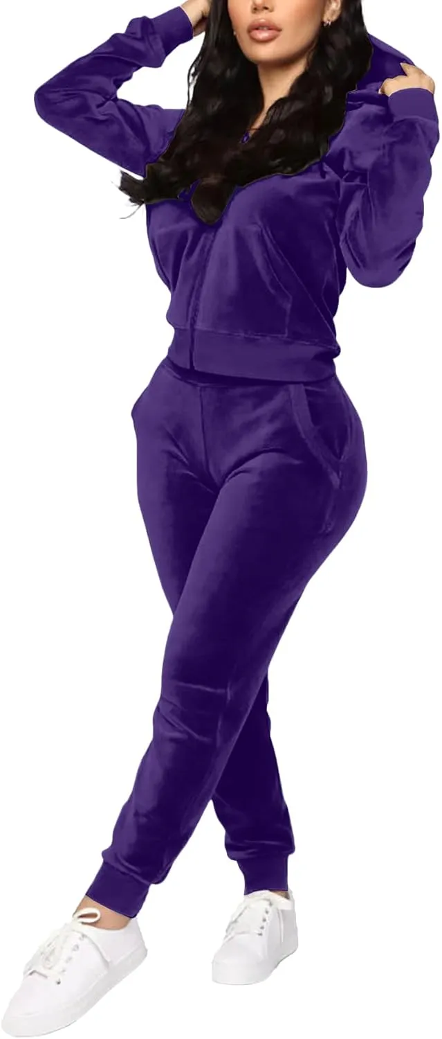 TOPONSKY Velour Tracksuit Women 2 Piece Velvet Zip Hoodie Sweatsuit Pockets