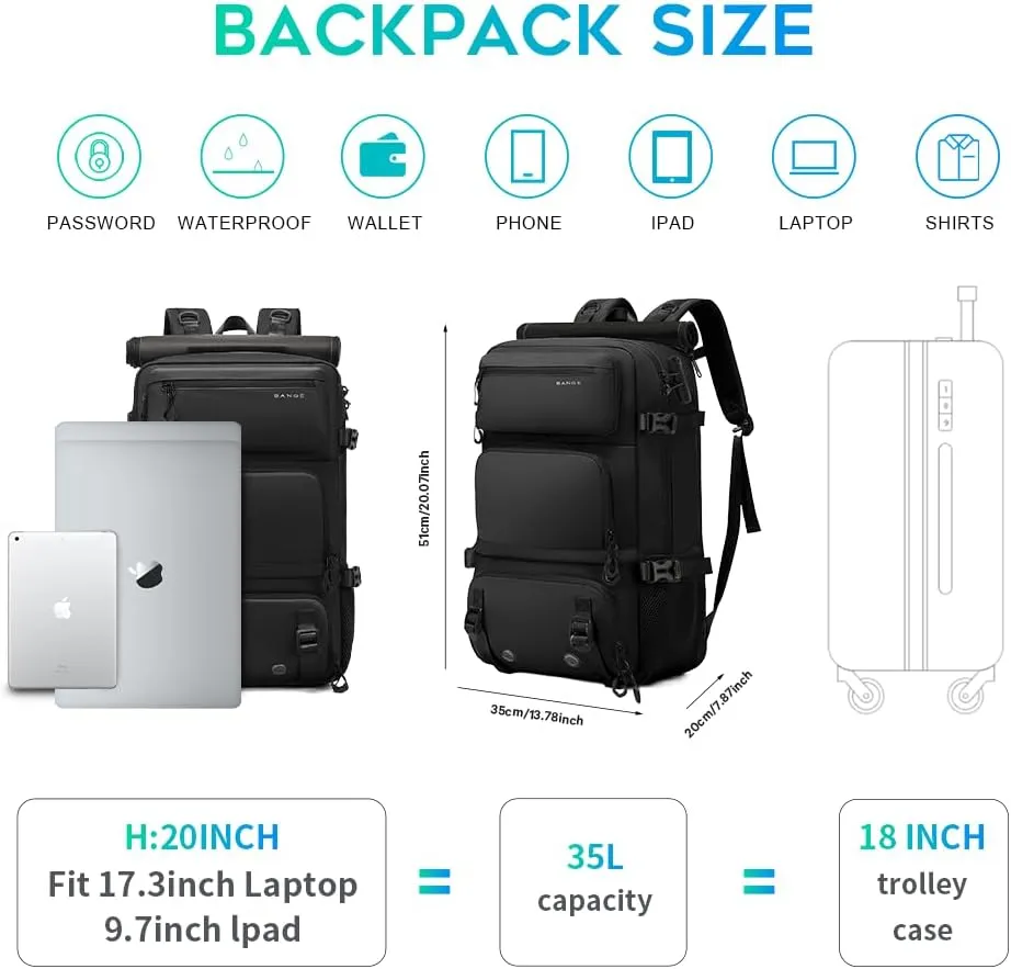 Travel backpack Carry-on Travel Backpack For Women Men Flight Approved Business Weekender Overnight Waterproof Daypack (Black)
