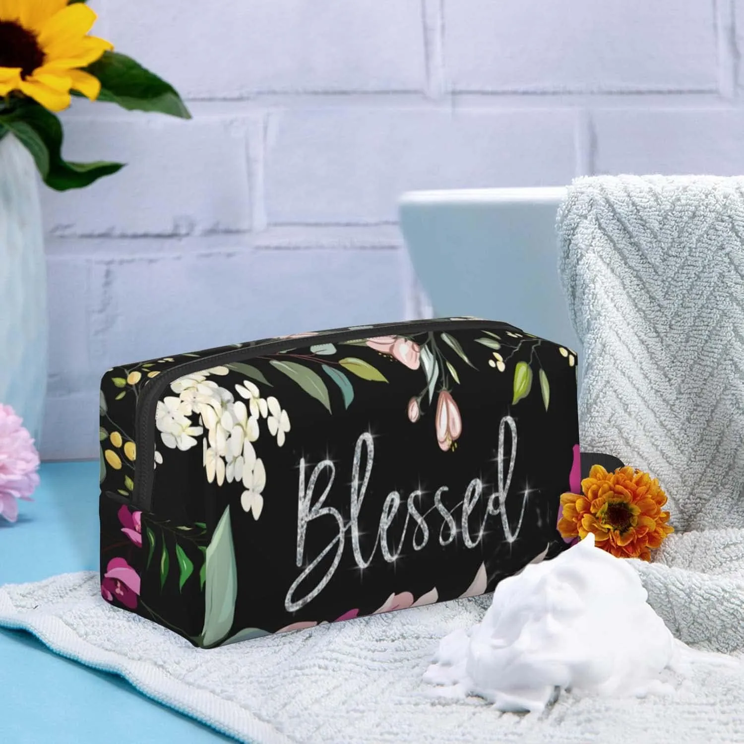 Travel Toiletry Bag,Large Makeup Bag,Portable Shaving Kit Bag, Blessed With Flower,Wash Bag for Travel, Gym, Camping