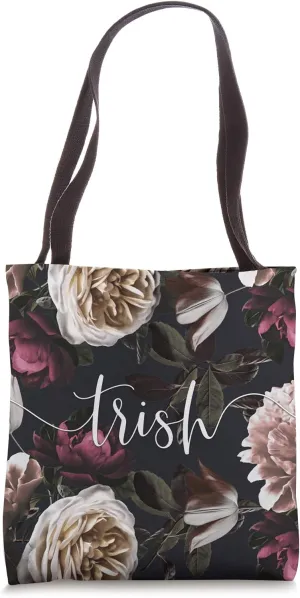 Trish - Elegant Floral Rose & Peony Personalized Name Tote Bag