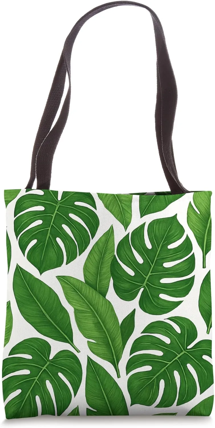 Tropical Jungle Green Monstera and Banana Leaf Pattern Tote Bag