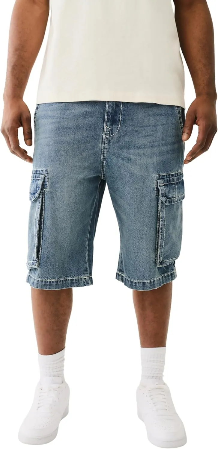 True Religion Men's Big T Vinny Cargo Denim Short - Blue Legend Medium Wash