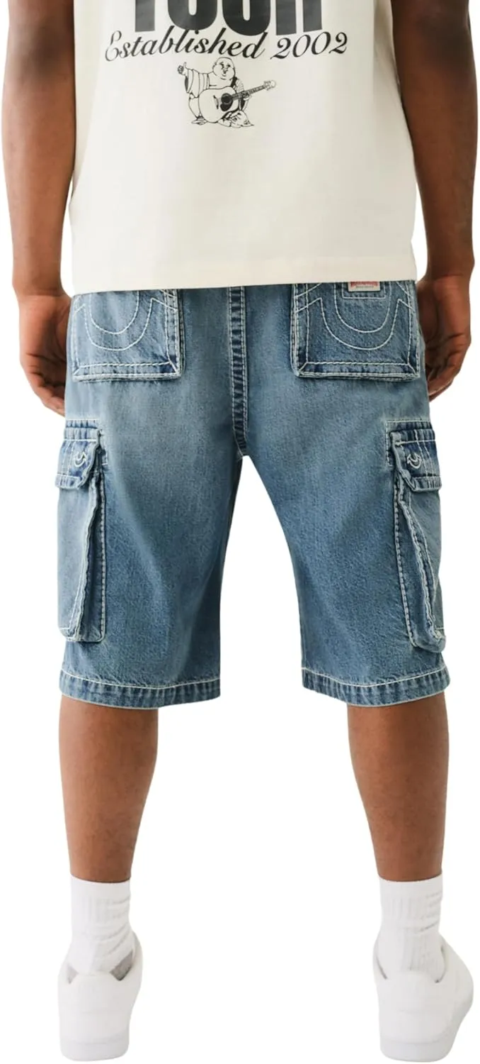 True Religion Men's Big T Vinny Cargo Denim Short - Blue Legend Medium Wash