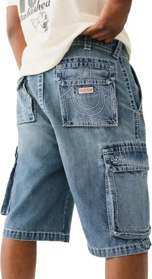 True Religion Men's Big T Vinny Cargo Denim Short - Blue Legend Medium Wash