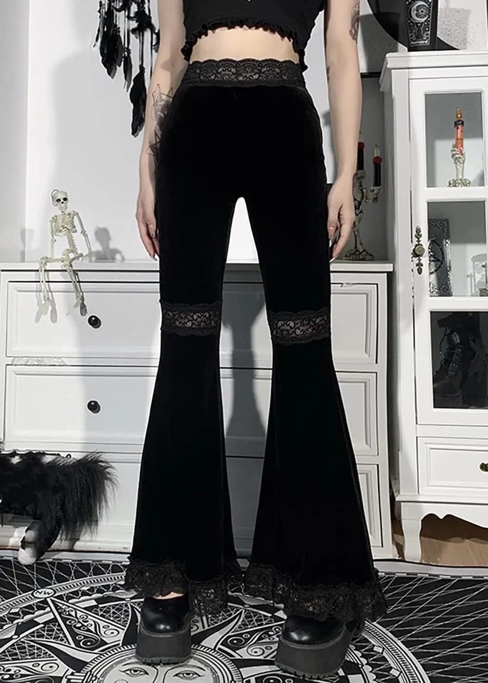 TSMNZMU Women's Gothic Velvet Pants - Punk Grunge High Waist Trousers, Vintage Alt Harajuku, Emo Hip-Hop Dance