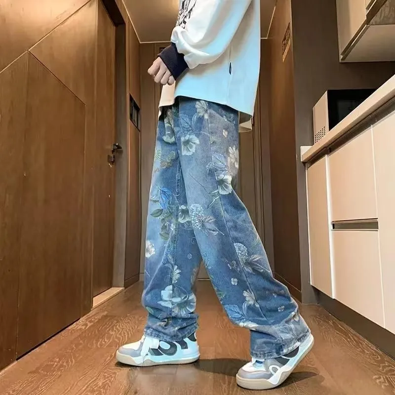 Unisex Flower Print Baggy Jeans Vintage Cowboy Harajuku Wide Leg Trashy Grunge Y2k Hip Hop Loose Fit Streetwear