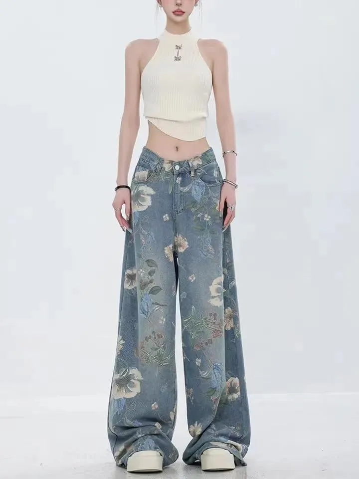 Unisex Flower Print Baggy Jeans Vintage Cowboy Harajuku Wide Leg Trashy Grunge Y2k Hip Hop Loose Fit Streetwear