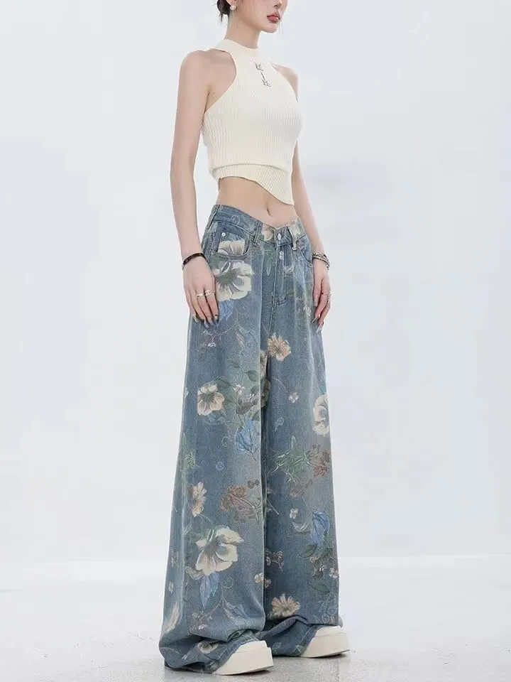 Unisex Flower Print Baggy Jeans Vintage Cowboy Harajuku Wide Leg Trashy Grunge Y2k Hip Hop Loose Fit Streetwear