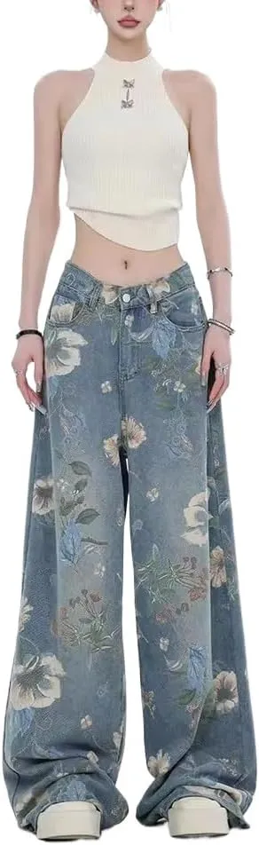 Unisex Flower Print Baggy Jeans Vintage Cowboy Harajuku Wide Leg Trashy Grunge Y2k Hip Hop Loose Fit Streetwear