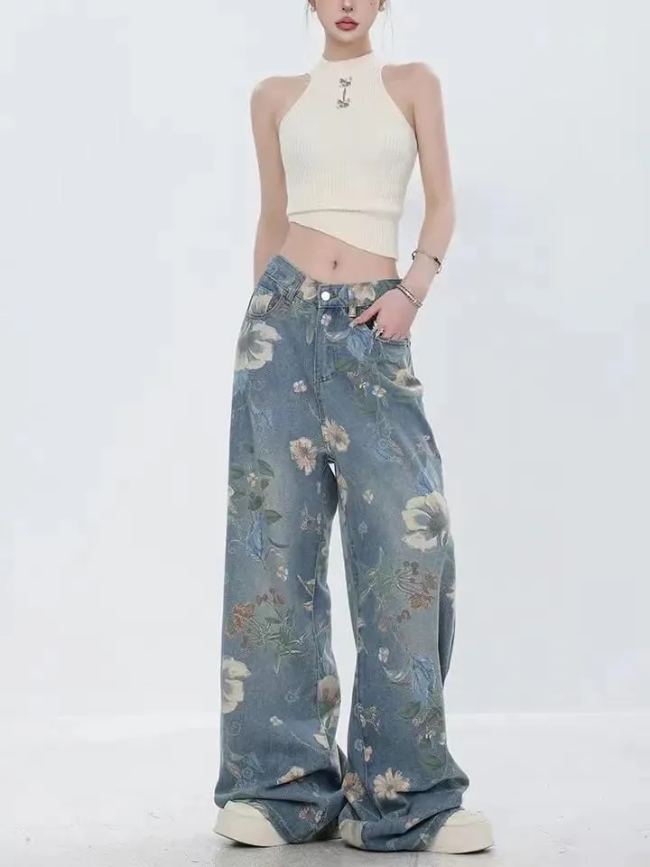 Unisex Flower Print Baggy Jeans Vintage Cowboy Harajuku Wide Leg Trashy Grunge Y2k Hip Hop Loose Fit Streetwear