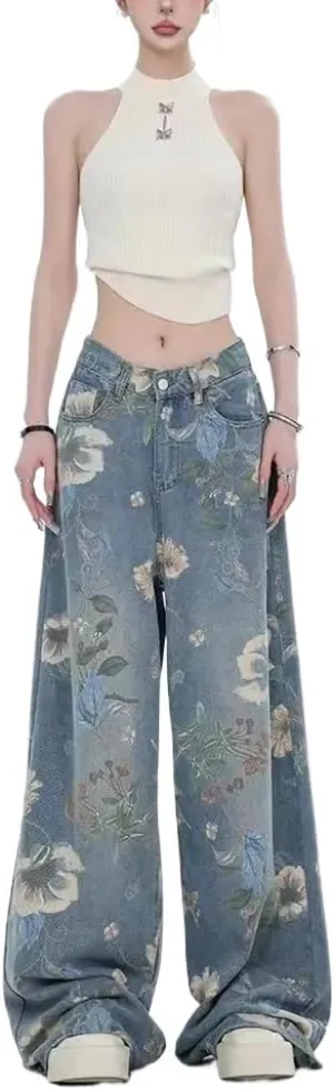 Unisex Flower Print Baggy Jeans Vintage Cowboy Harajuku Wide Leg Trashy Grunge Y2k Hip Hop Loose Fit Streetwear
