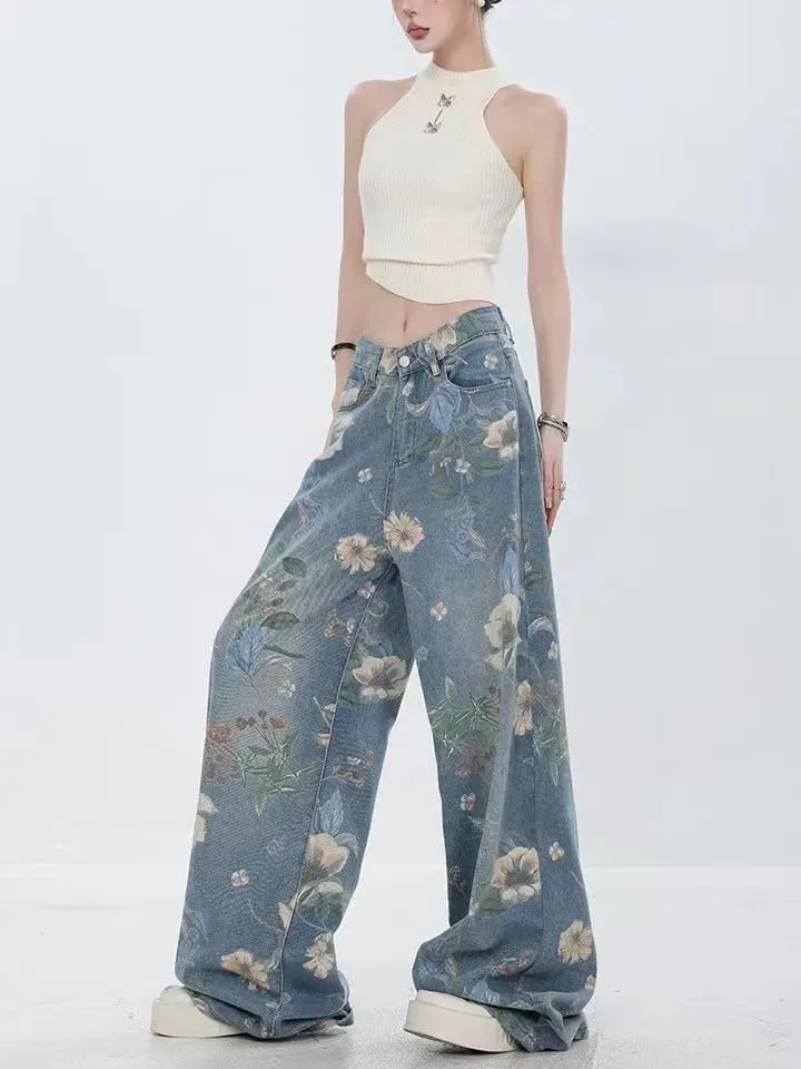 Unisex Flower Print Baggy Jeans Vintage Cowboy Harajuku Wide Leg Trashy Grunge Y2k Hip Hop Loose Fit Streetwear