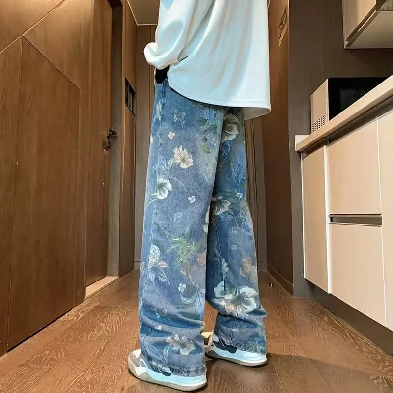 Unisex Flower Print Baggy Jeans Vintage Cowboy Harajuku Wide Leg Trashy Grunge Y2k Hip Hop Loose Fit Streetwear
