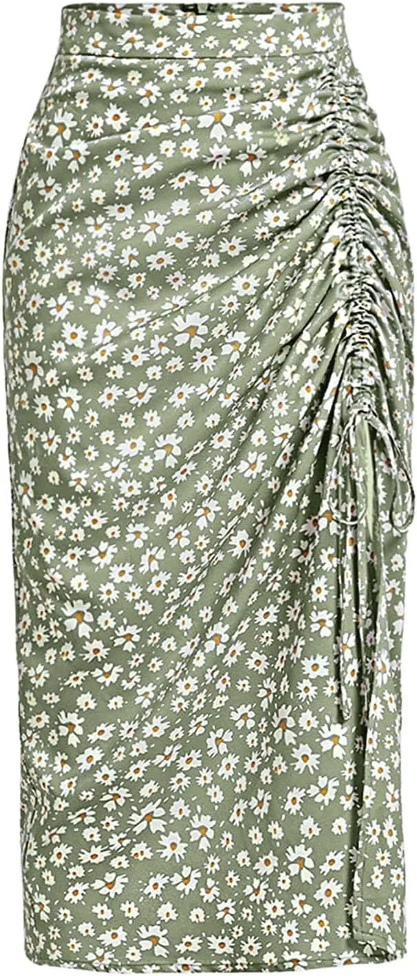 Verdusa Women's Ditsy Floral Print Ruched Skirt Split Thigh Casual Long Skirts